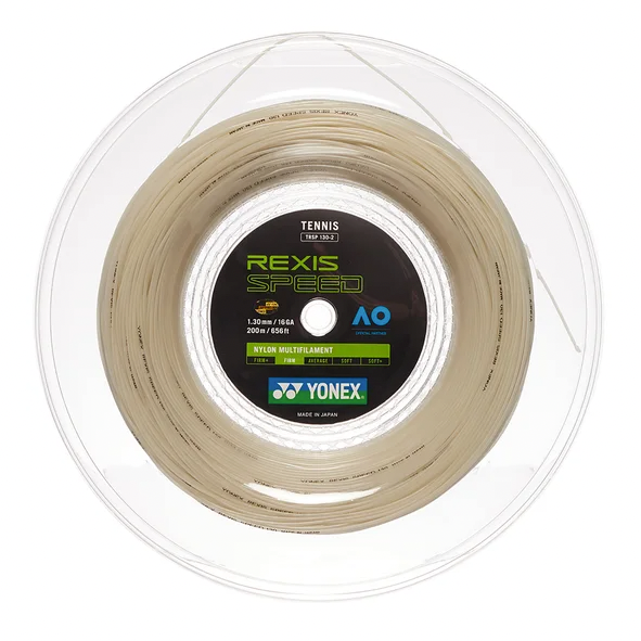 Yonex tennis string reel with 'Rexis Speed' branding on a white background