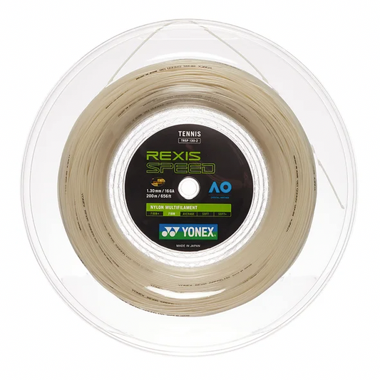 Yonex tennis string reel with 'Rexis Speed' branding on a white background